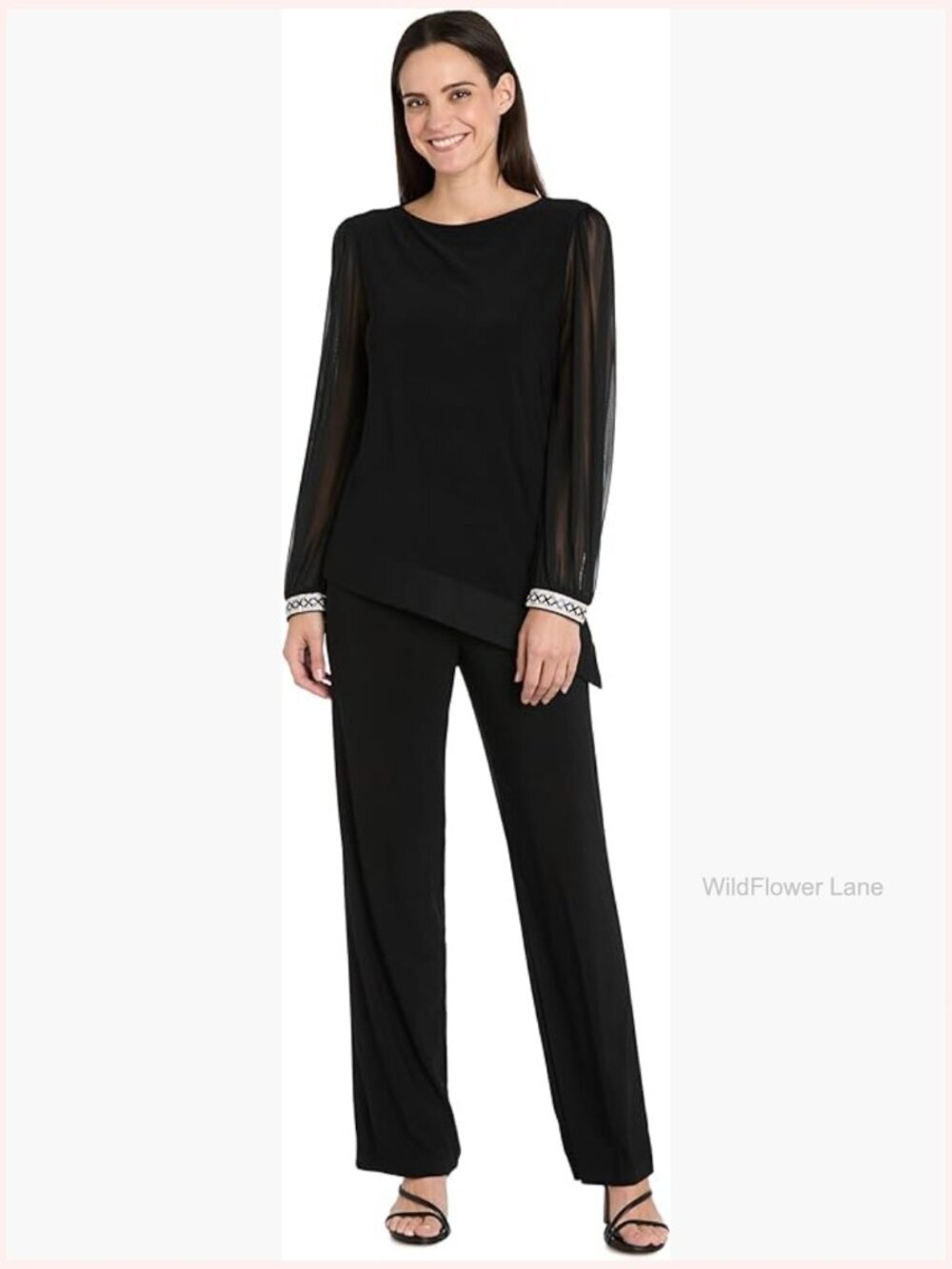 Sheer Long Sleeve Asymmetric Chiffon Blouse with Rhinestone Cuffs
